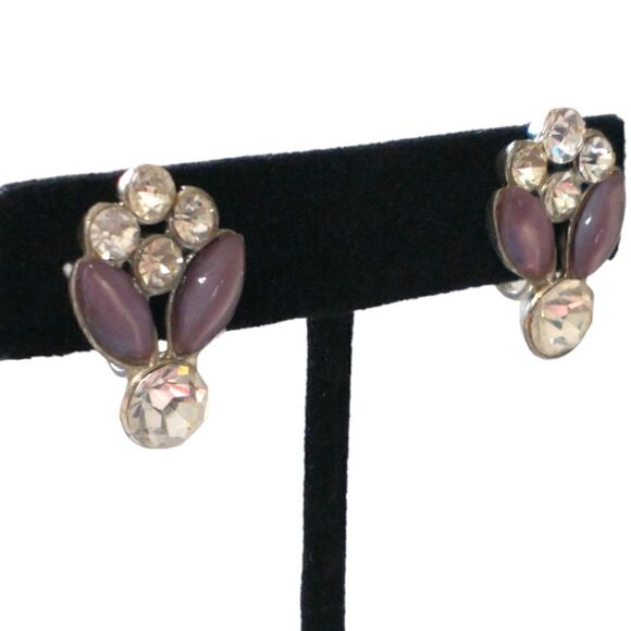 Victorian Rhinestone Earrings Purple Art Deco Lavender Screw Back Silver Tone - Picture 5 of 15